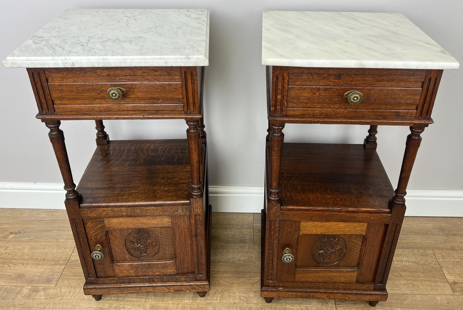 Pair of Bedside Tables Antique French Marble Top Carved Oak Cabinets (1 of 14) Pair of Bedside Tables Antique French Marble Top Carved Oak Cabinets (1 of 14)