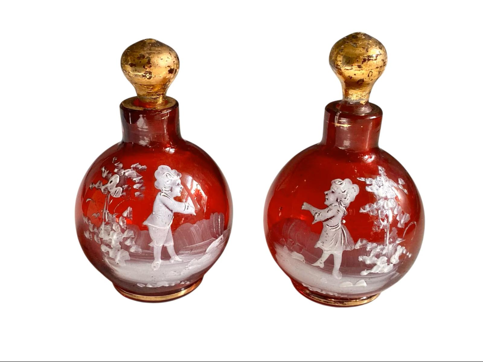 Antique Mary Gregory Perfume Scent Bottles Pair Ruby Red Glass c.1880 (1 of 9)