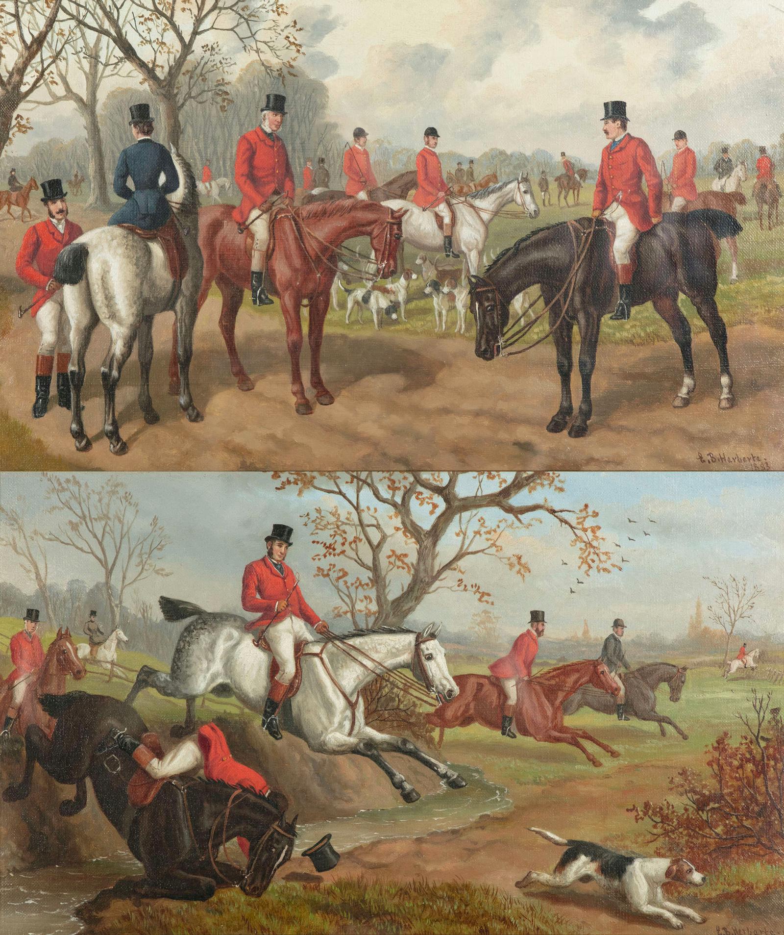 Antique Pair English Equine Horse Hunting Oil Paintings Edward Benjamin Herberte (1 of 7)