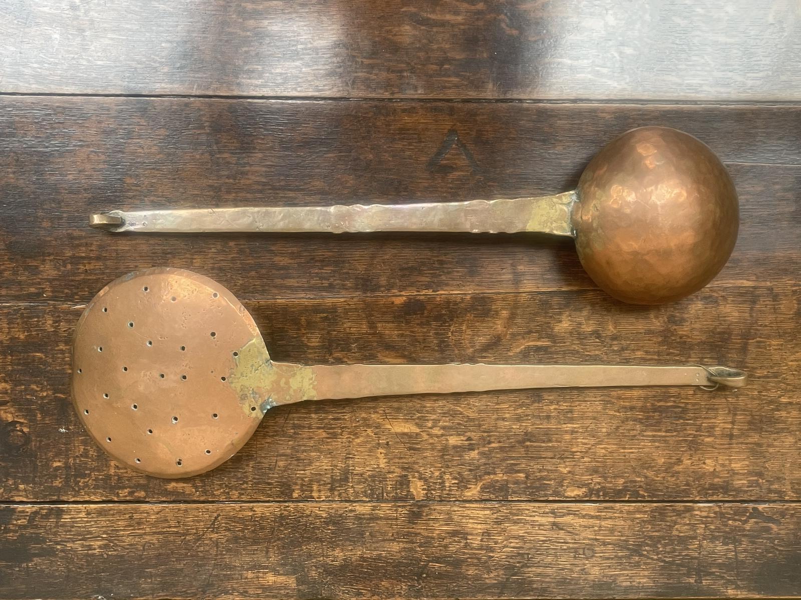 19th Century Large French Decorative Hand Beaten Copper Ladle & Skimmer (1 of 25)