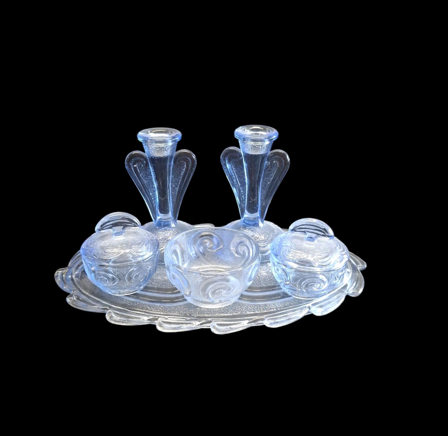 Blue Art Deco 6 x Piece Ice Blue Glass Boudoir Set (1 of 2)
