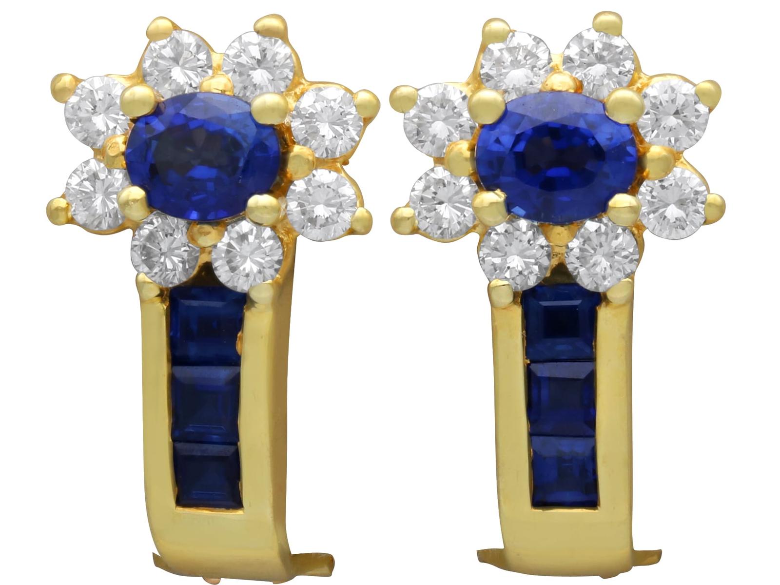 Vintage 1.50ct Sapphire & 0.68ct Diamond, 18ct Yellow Gold Earrings c.1980 (1 of 11)