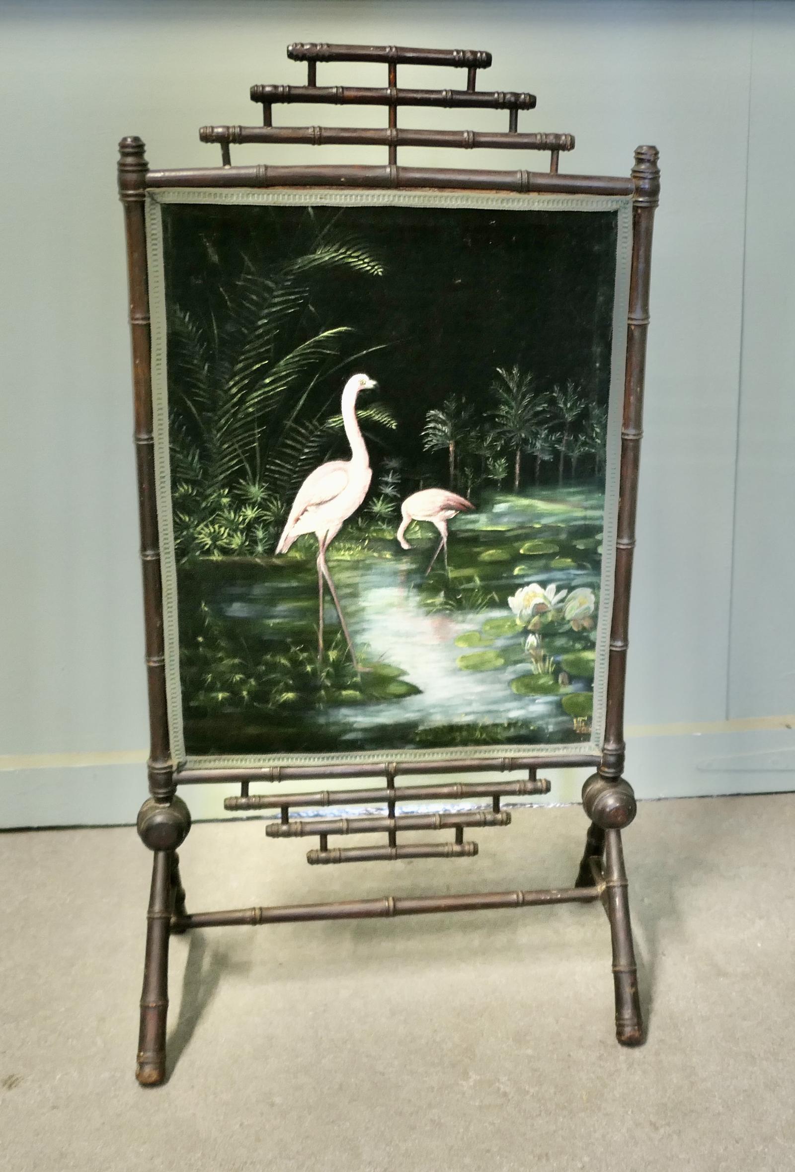 Black Lacquer Oriental Fire Screen Painted with Flamingos (1 of 5) Black Lacquer Oriental Fire Screen Painted with Flamingos (1 of 5)