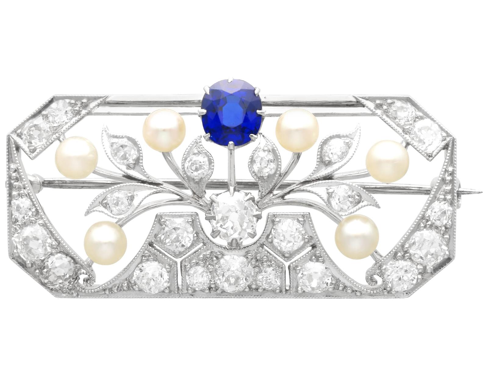 0.65ct Sapphire, 2.77ct Diamond & Pearl, 18ct White Gold Brooch c.1925 (1 of 12)