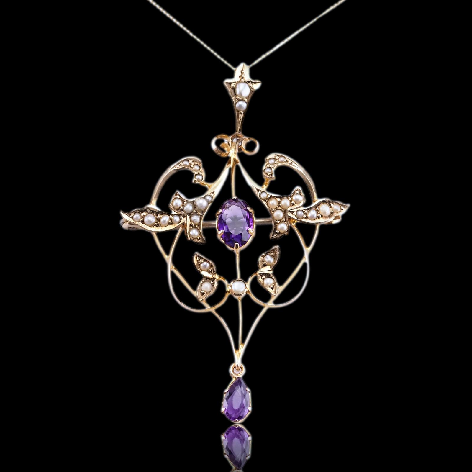 Antique Edwardian Amethyst & Seed Pearl 9ct Gold Art Nouveau Pendant Necklace - c.1905 (1 of 19)