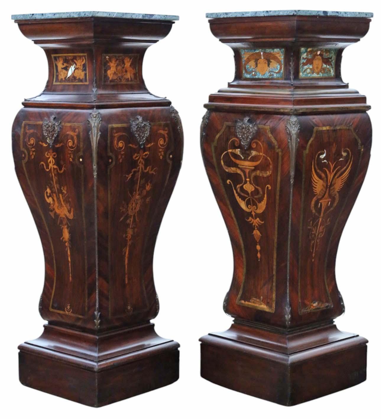 Antique Large Pair of 19th Century Neoclassical Jardiniere Statue Stands – Marquetry Pedestal Tables with Ormolu Mounts & Marble Tops (1 of 11)