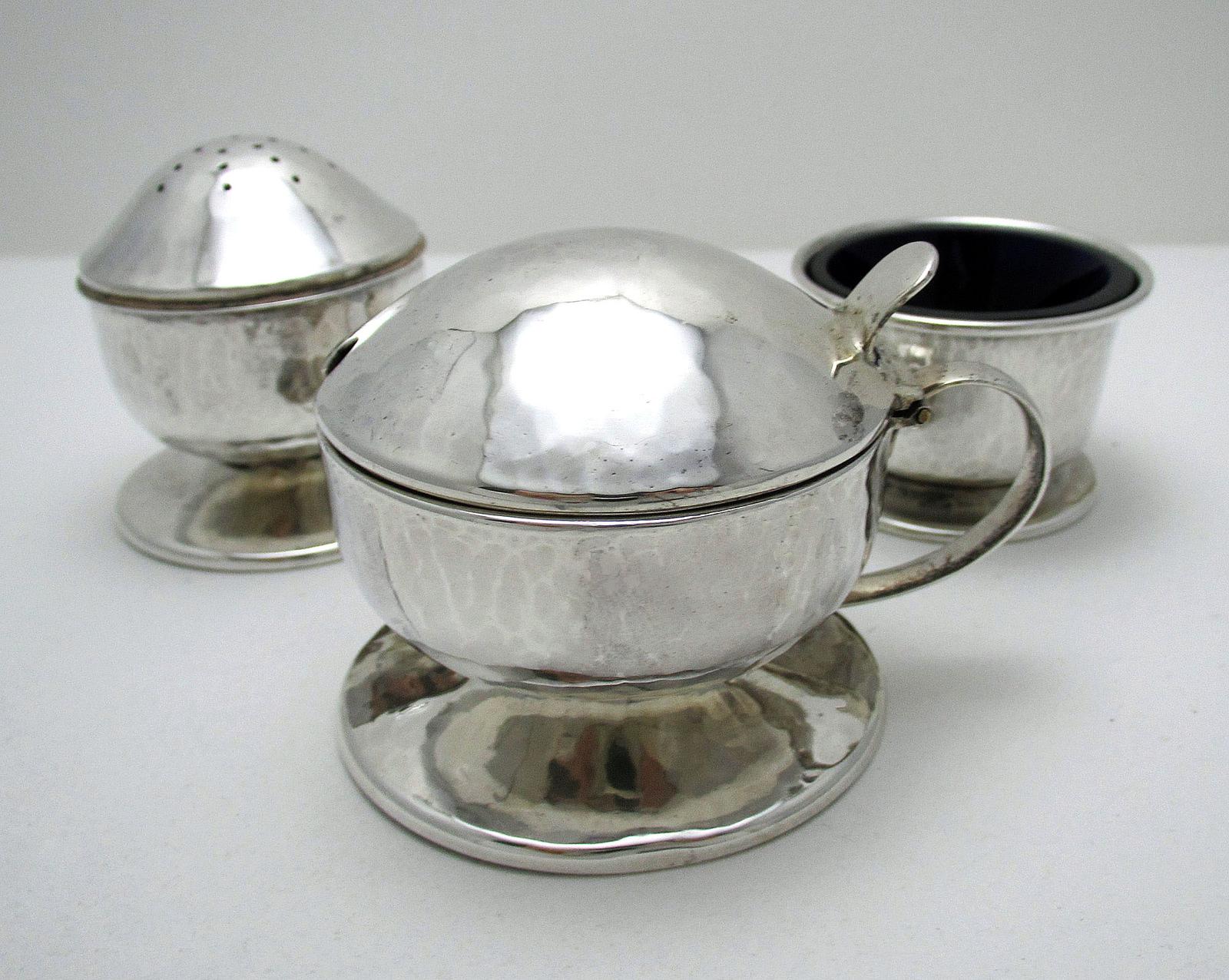 Rare Liberty & Co Arts & Crafts Sterling Silver Cruet: Salt Cellar, Pepper Pot, Mustard Pot Set (1 of 12) Rare Liberty & Co Arts & Crafts Sterling Silver Cruet: Salt Cellar, Pepper Pot, Mustard Pot Set (1 of 12)