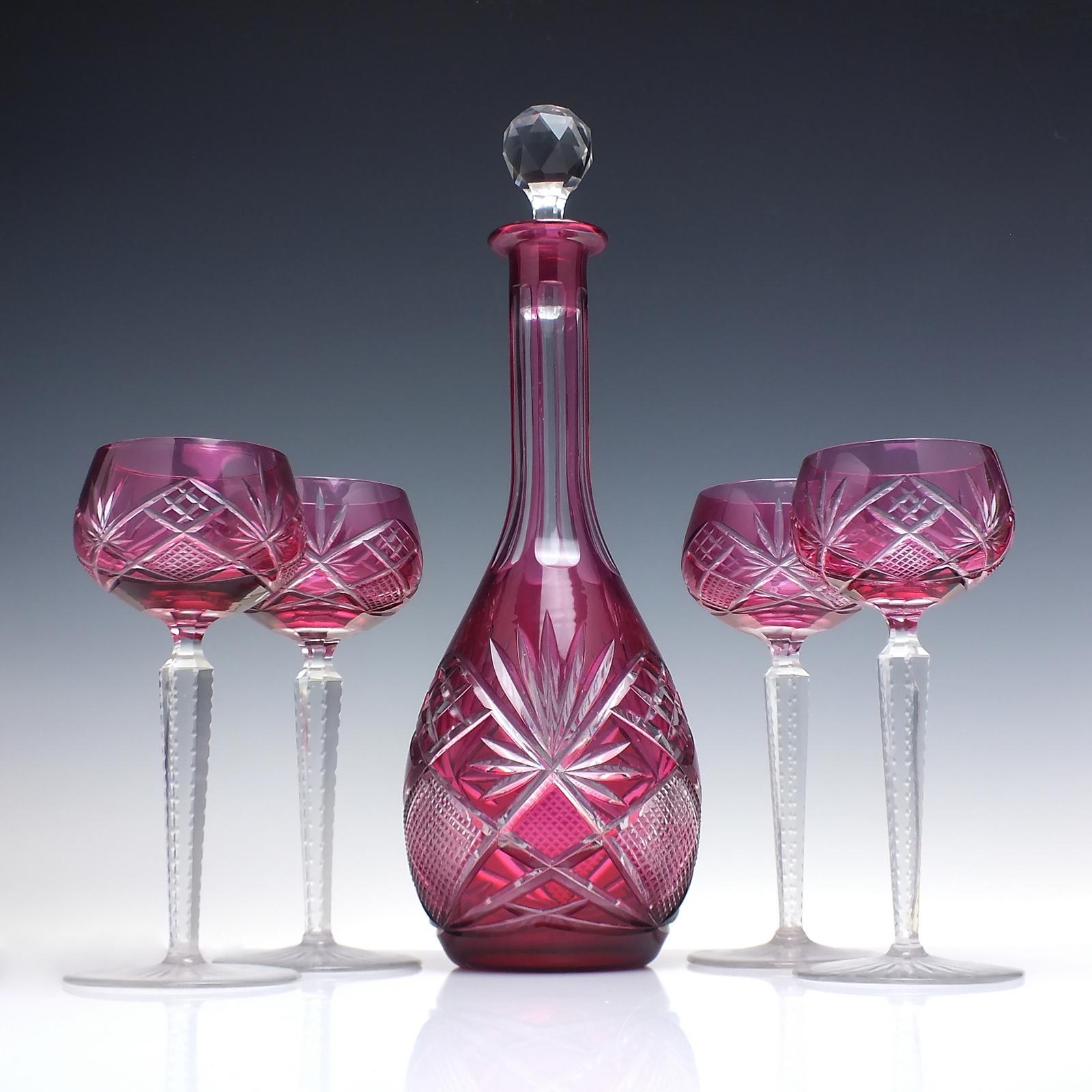 Val St Lambert Crystal Decanter & Four Matching Hock Wine Glasses c.1950 (1 of 13)