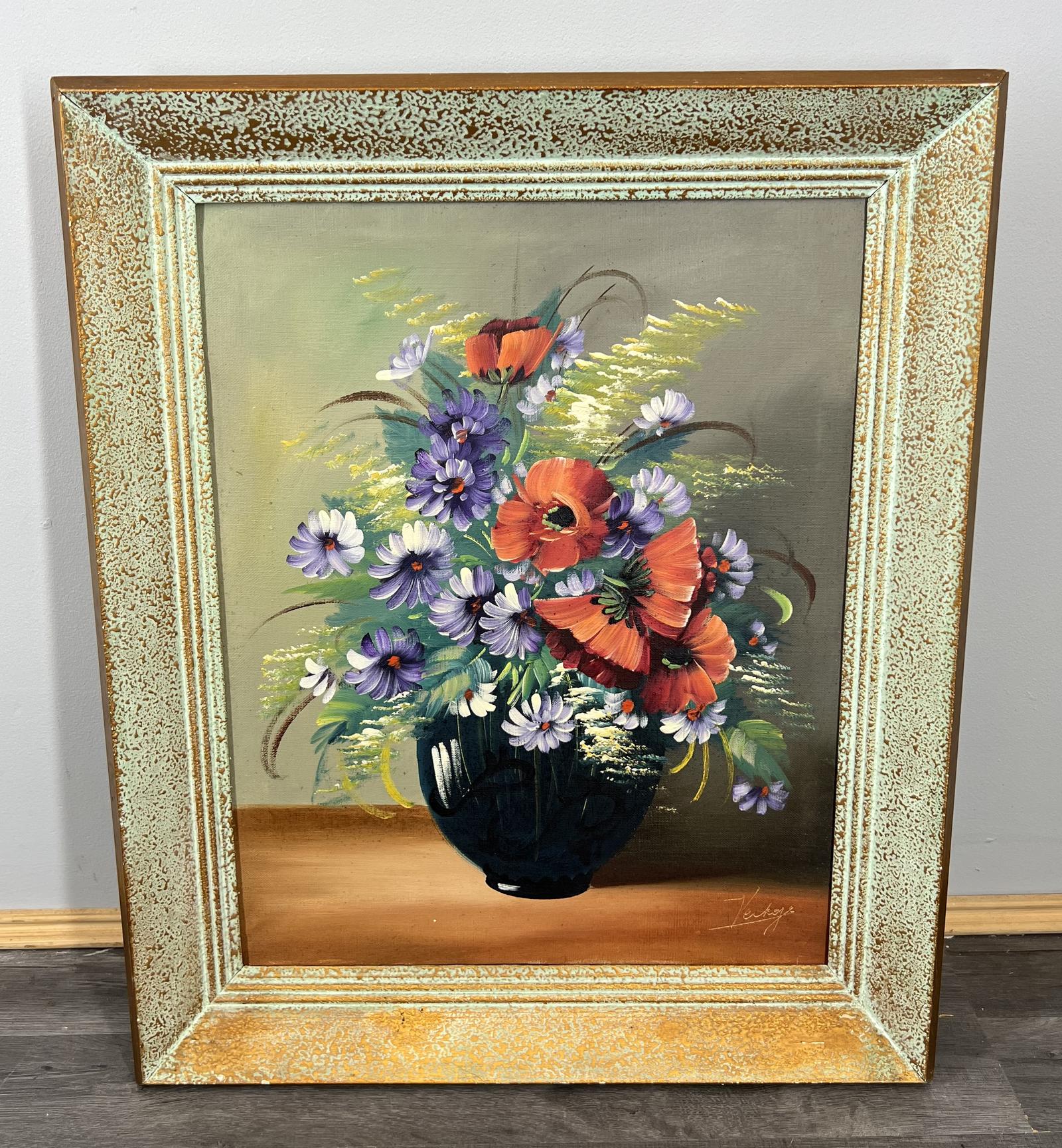 Vintage French Floral Painting Vase Red Purple Flower Signed Framed (LOT 3878) (1 of 9)