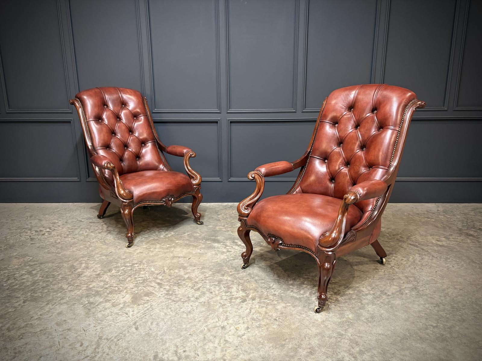 Pair of Victorian Buttoned Leather Library Chairs (1 of 15)