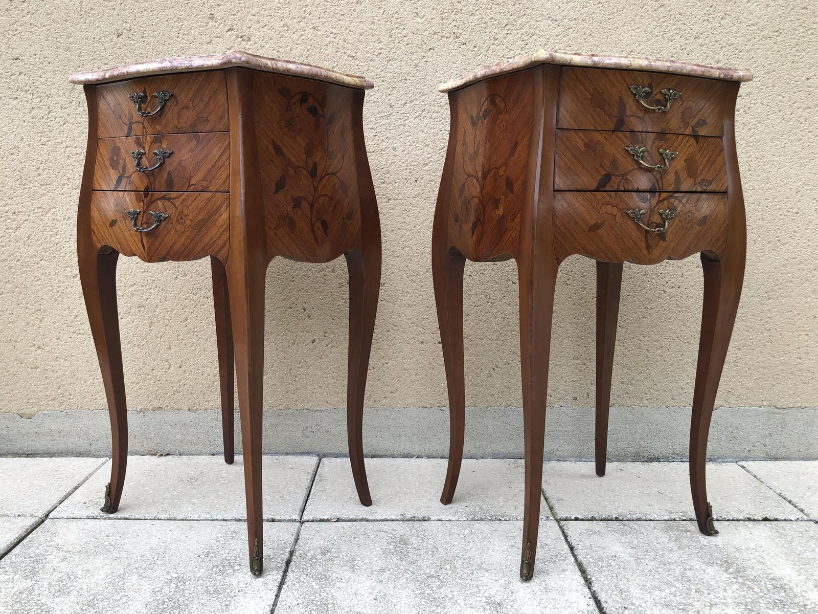 French Marquetry Bedside Tables Cabinets Pink Marble Tops (1 of 14)