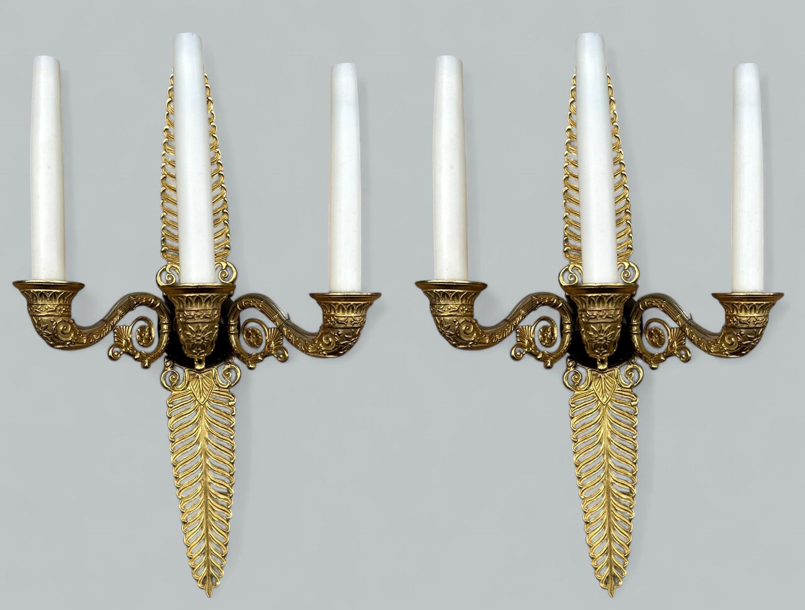 Antique Pair Ormolu Gilt Bronze Treble Light Wall Electric Sconces Appliques 19C (1 of 9)