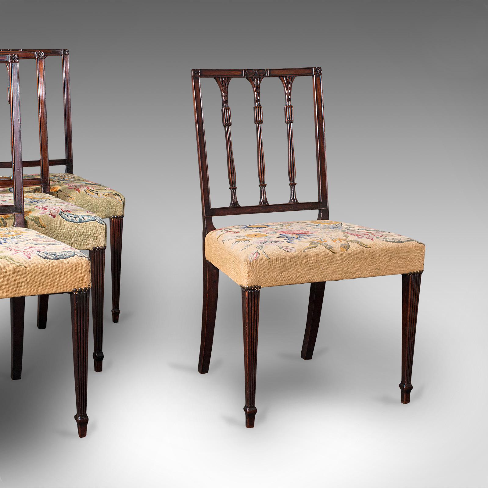 Set of 4 Antique Embroidered Chairs, English, Dining Seat, after Sheraton, 1780 (1 of 12) Set of 4 Antique Embroidered Chairs, English, Dining Seat, after Sheraton, 1780 (1 of 12)