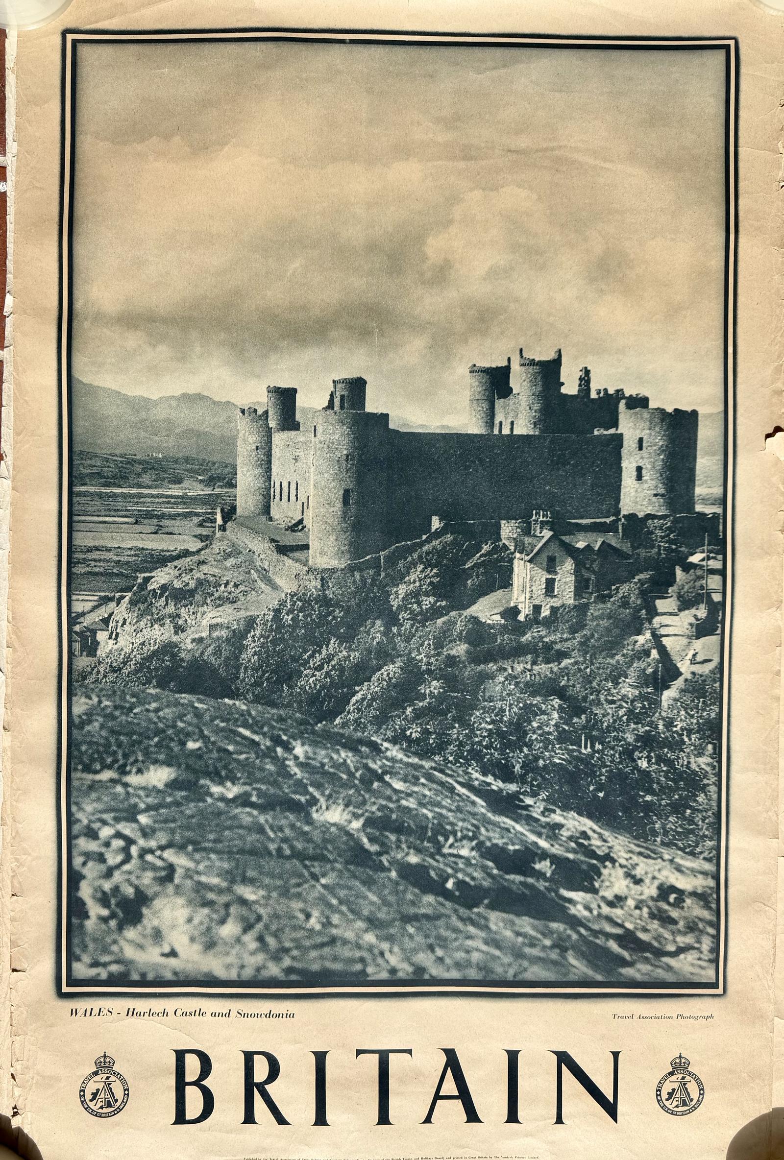 Original Lithographic Poster Harlech Castle and Snowdonia, Issued by the Travel Association Promoting Visiting Britain. C.1948 (1 of 3) Original Lithographic Poster Harlech Castle and Snowdonia, Issued by the Travel Association Promoting Visiting Britain. C.1948 (1 of 3)
