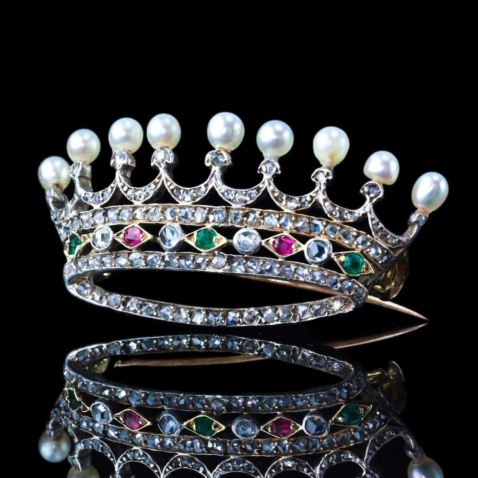 Antique French Ruby, Emerald, Diamond Pearl Crown Coronet Brooch 18K Gold c.1900 (1 of 19)