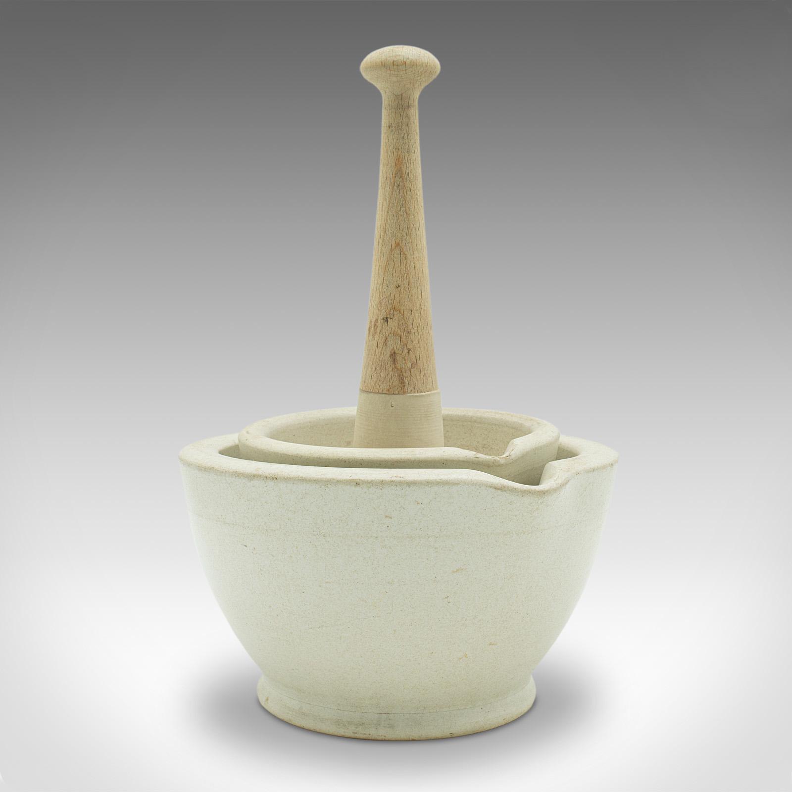 Small Antique Mortar & Pestle Duo, English, Ceramic, Beech, Cookery, Victorian (1 of 12)