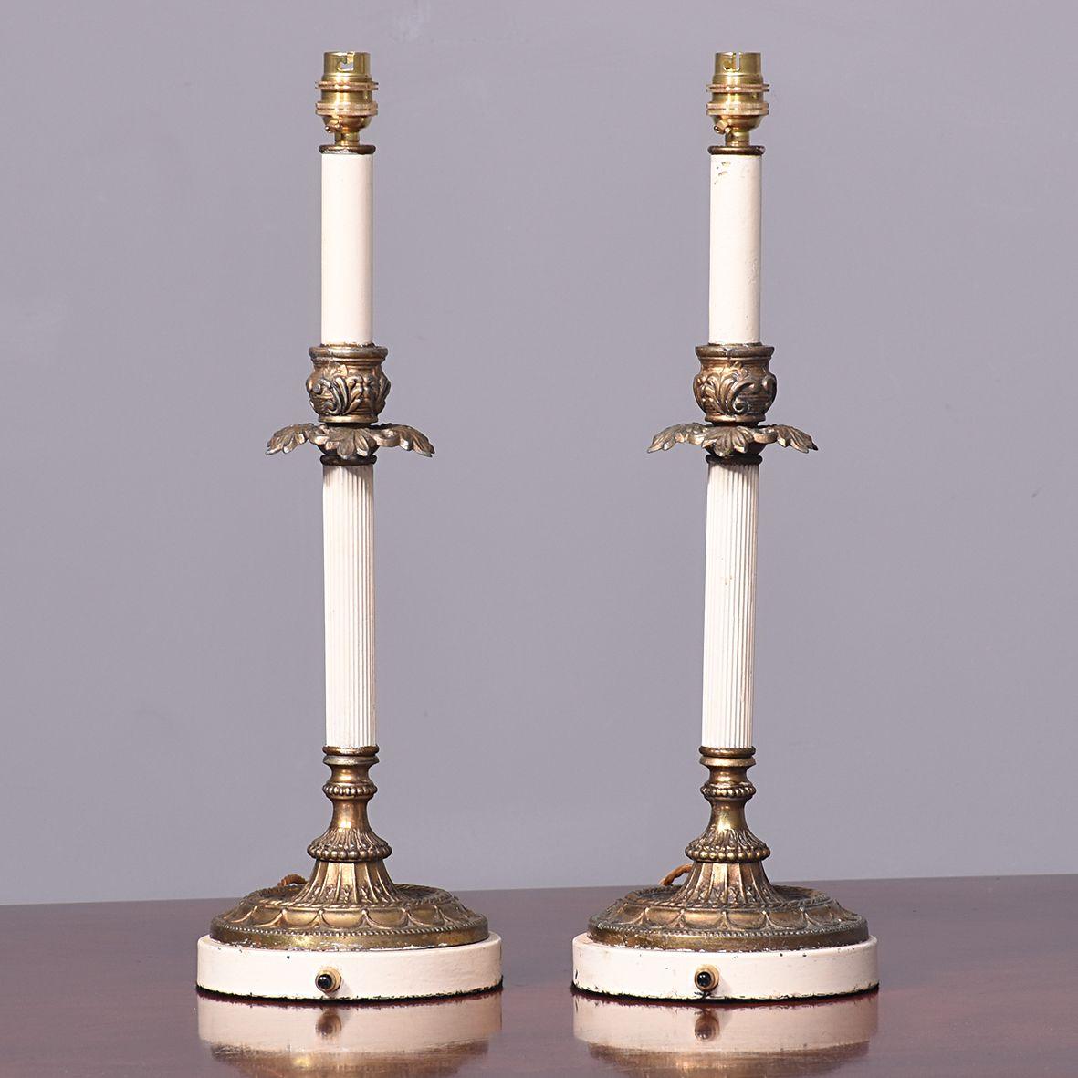 Pair of Brass Steel & Painted Candlesticks Converted to Lamps (1 of 5)