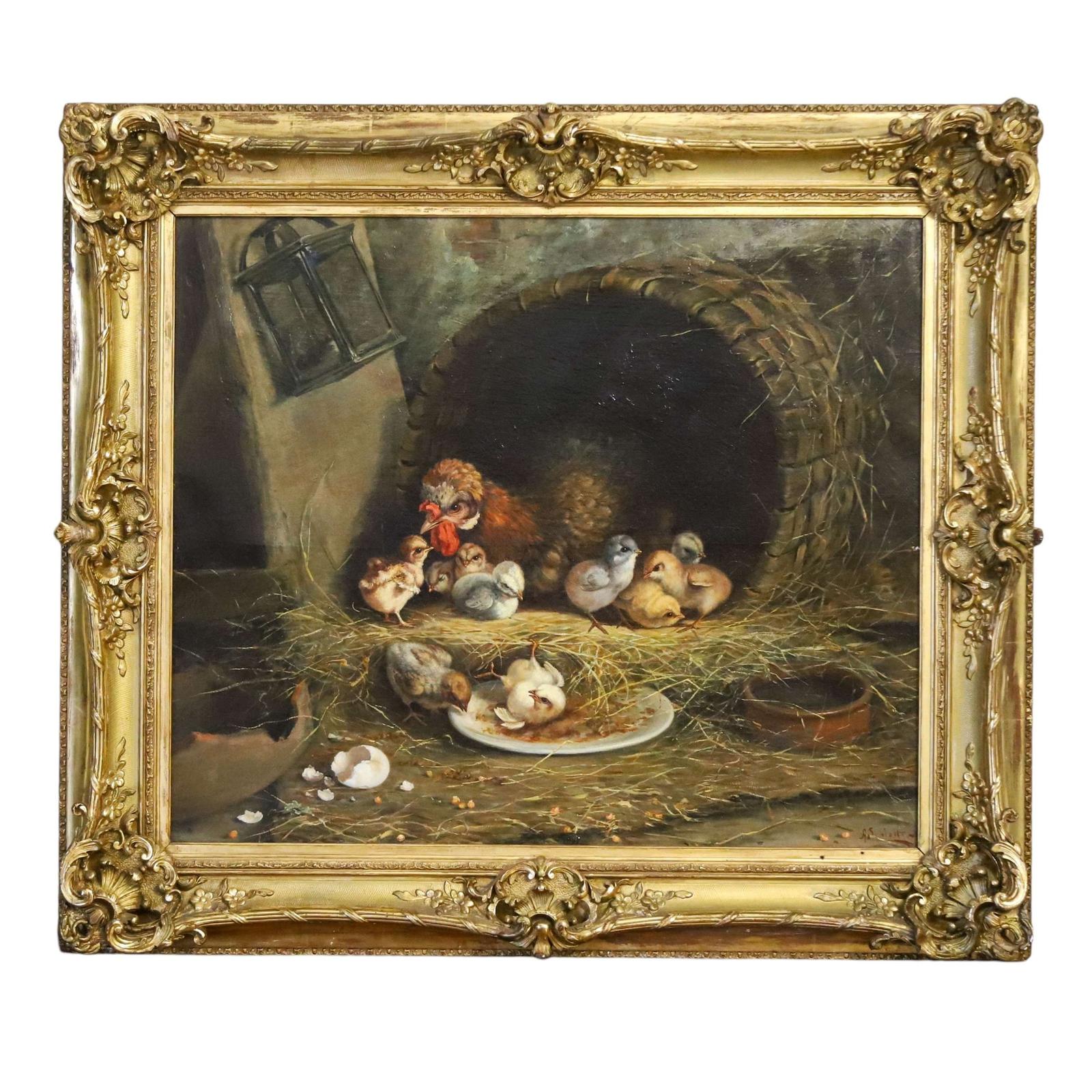 18th Century Oil On Canvas Hen Guarding Her Chicks signed A. Schlatter (1 of 11) 18th Century Oil On Canvas Hen Guarding Her Chicks signed A. Schlatter (1 of 11)