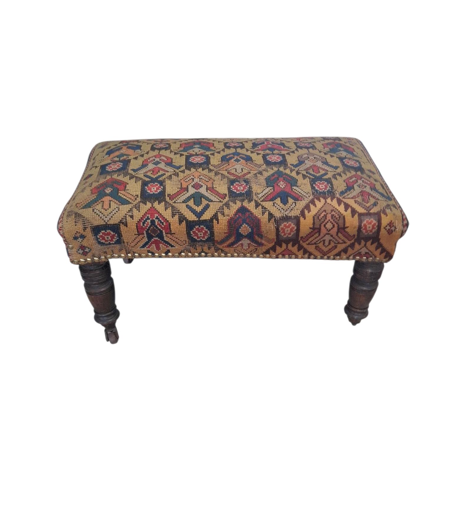 Large Victorian Footstool with Kilim Rug Upholstery (1 of 2) Large Victorian Footstool with Kilim Rug Upholstery (1 of 2)