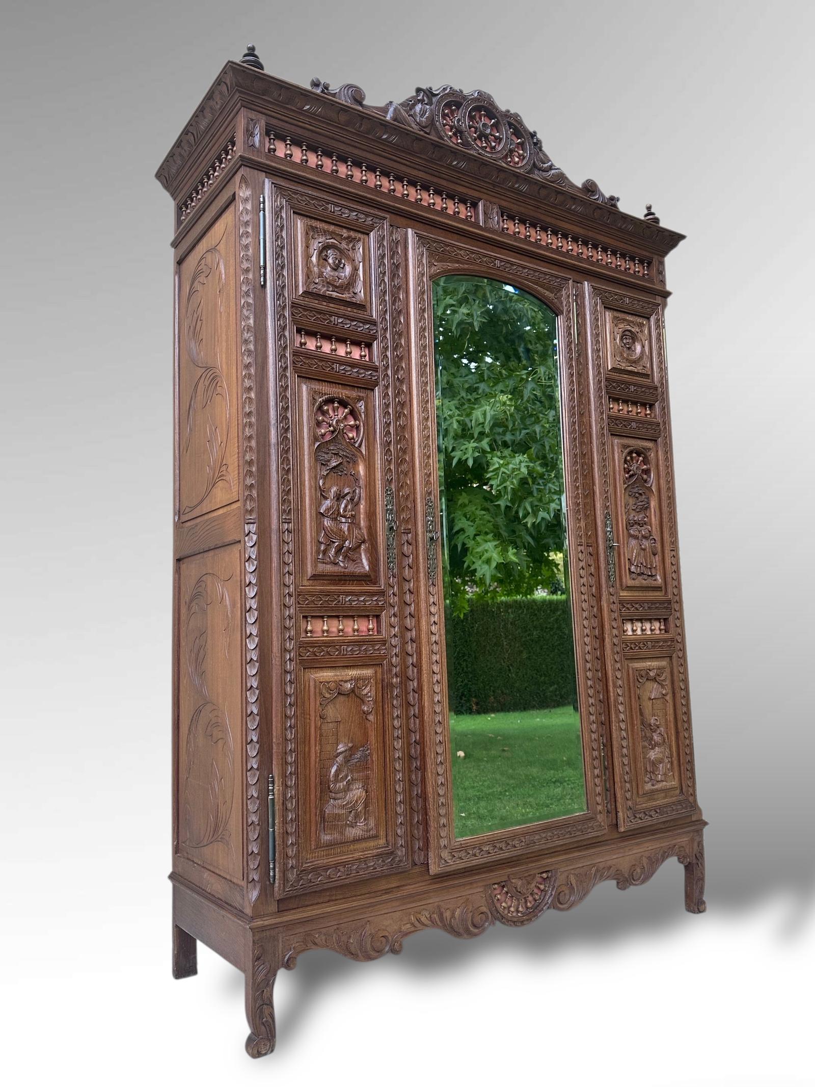French Breton Armoire Linen Cupboard with Figural Carvings (1 of 16)