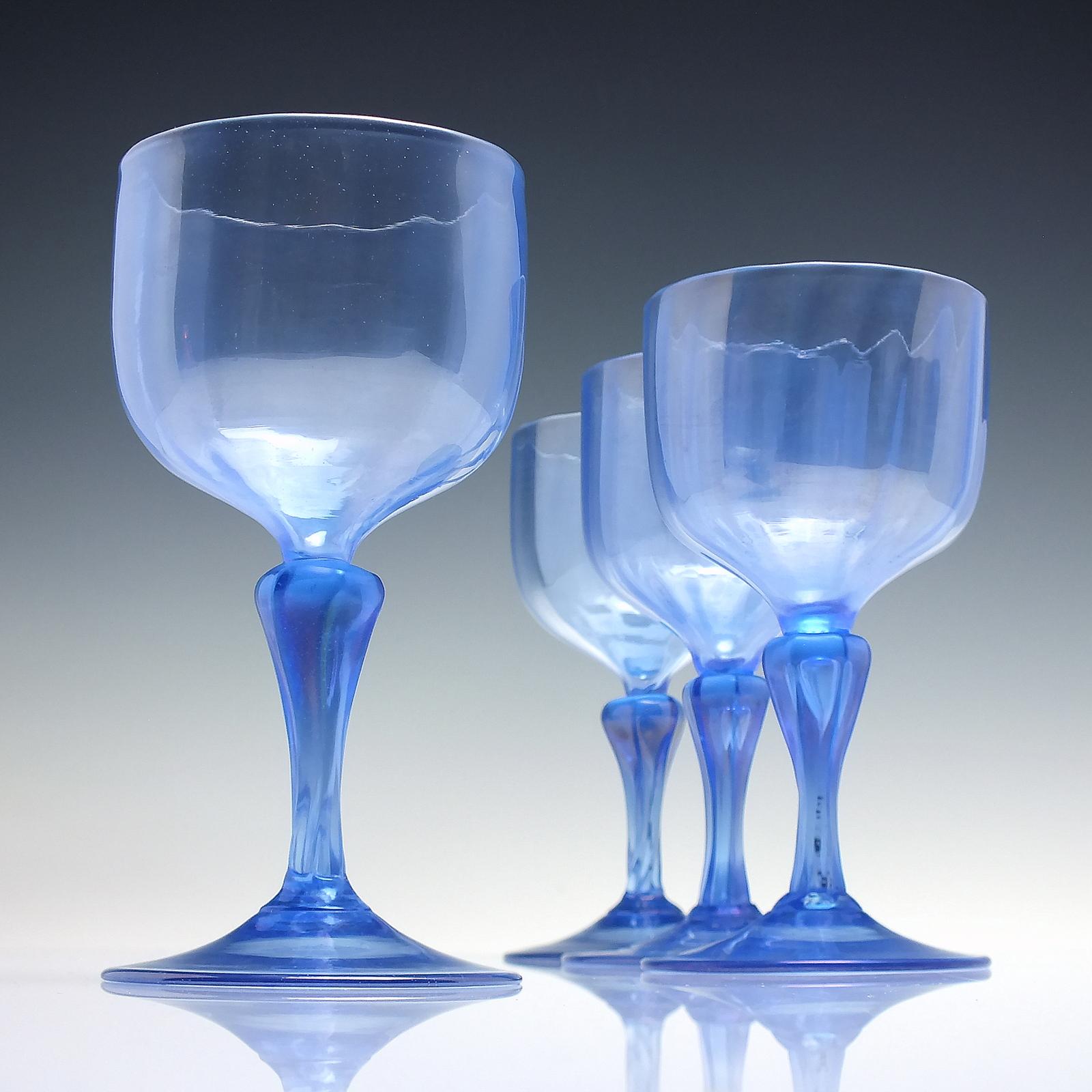 Four Murano Revival Blue Iridescent Wine Glass Goblets c.1930 (1 of 5)