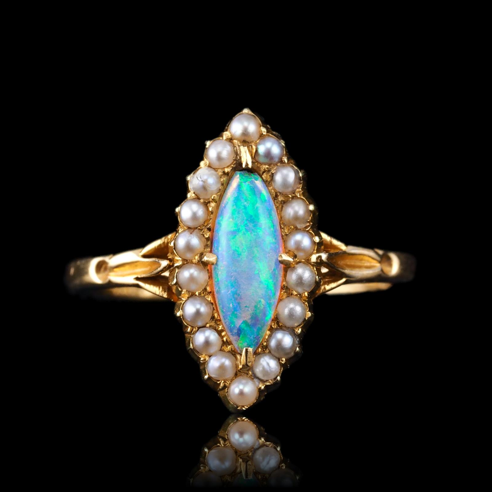 Antique Victorian Opal Ring Marquise Cluster Pearls 18K Gold c.1895 (1 of 21)