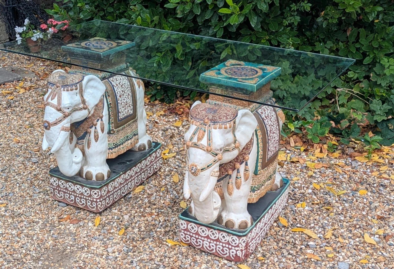 Good Pair of Ceramic Indian Elephants Glass Coffee Table (1 of 7) Good Pair of Ceramic Indian Elephants Glass Coffee Table (1 of 7)