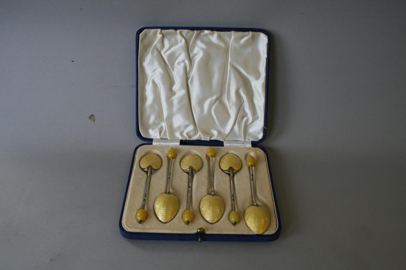 Boxed Set of 6 Silver & Guilloche Enamel Coffee Spoons 1937 (1 of 4)