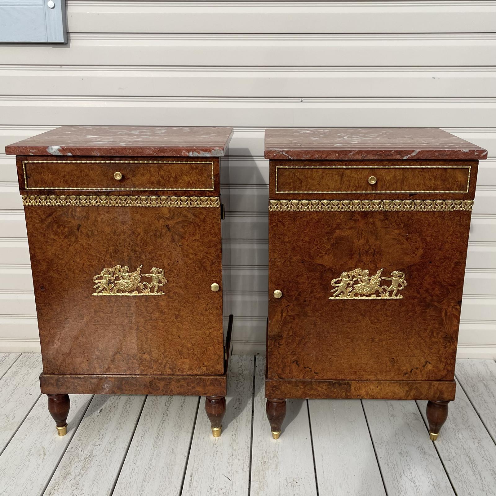 Pair of French Empire Style Burr Walnut Bedside Cabinets (1 of 9) Pair of French Empire Style Burr Walnut Bedside Cabinets (1 of 9)