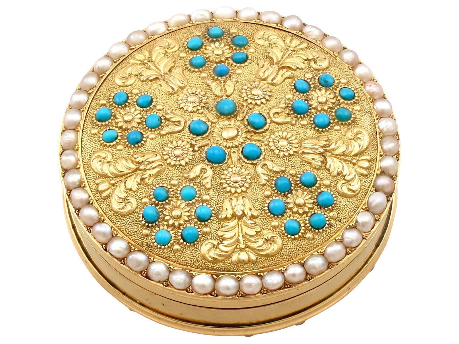 12ct Yellow Gold, Pearl & Turquoise Pill Box - Antique c.1815 (1 of 11)