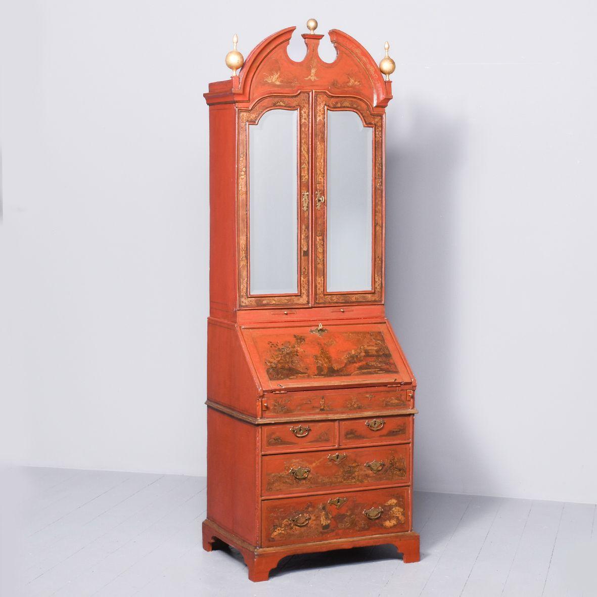 Red Lacquered Queen Anne Style Bureau Bookcase (1 of 23)