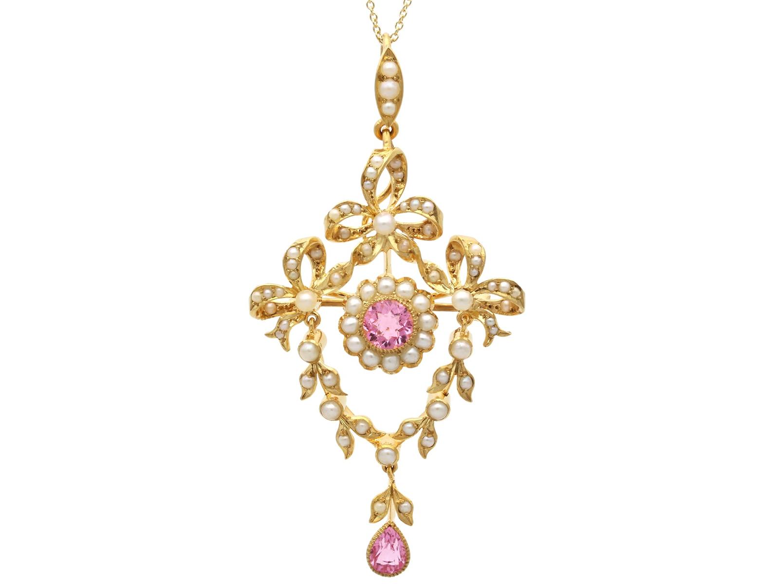 Antique 1.10ct Pink Tourmaline & Seed Pearl, 15ct Yellow Gold Pendant / Brooch c.1890 (1 of 18)