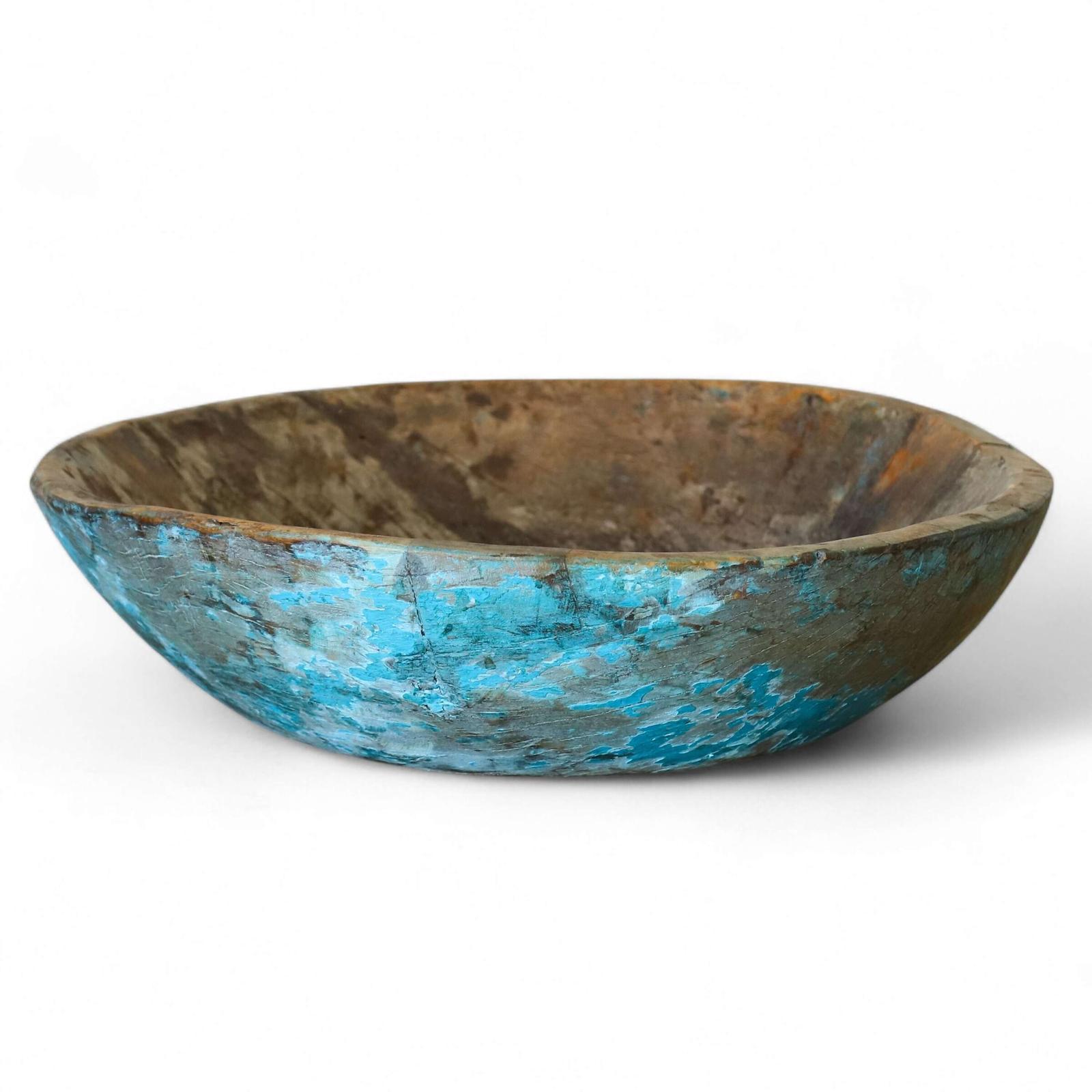 Large 1920s Hardwood Dough Proving Bowl - Original Striking Blue Exterior & Rustic Patina (1 of 7)