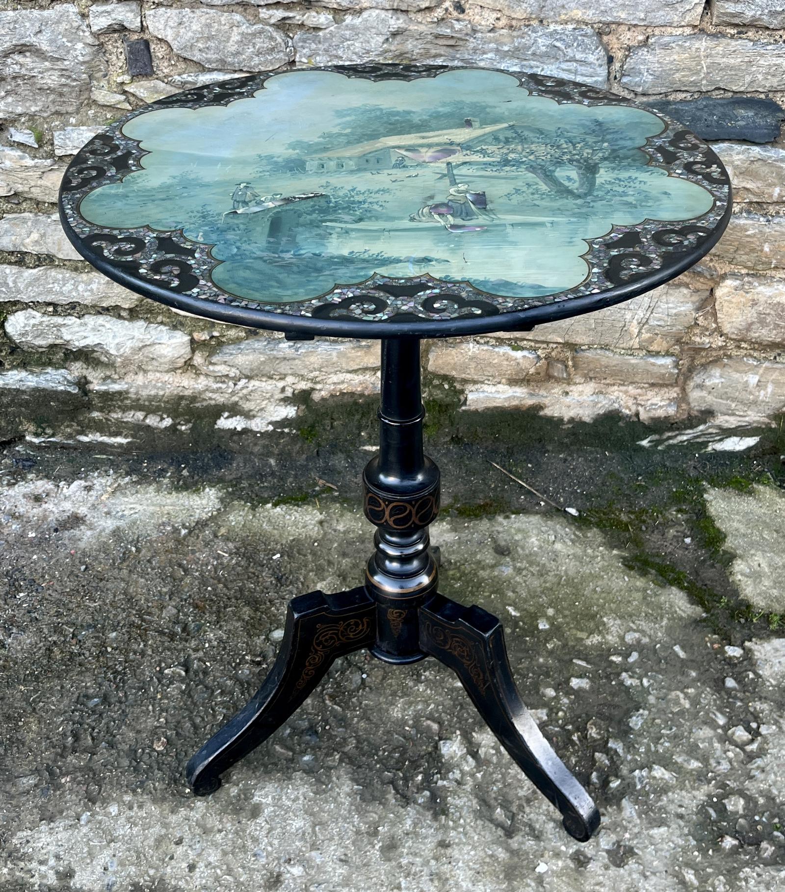 Victorian Hand Painted Tilt Top Table with Mother of Pearl Inlay (1 of 15)
