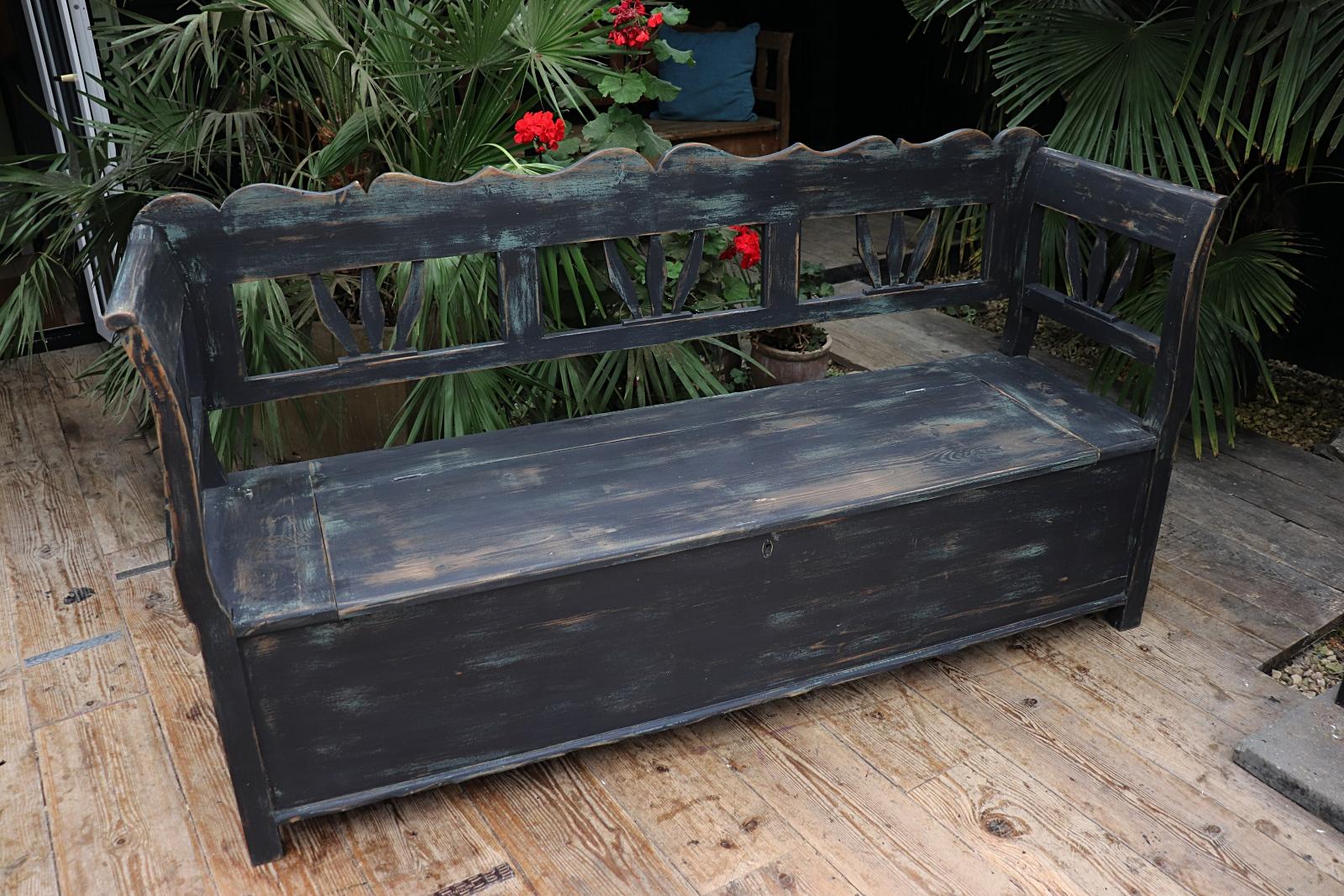 Old Grey / Black Painted Pine 'Hungarian' Storage / Box Bench / Settle (1 of 12)