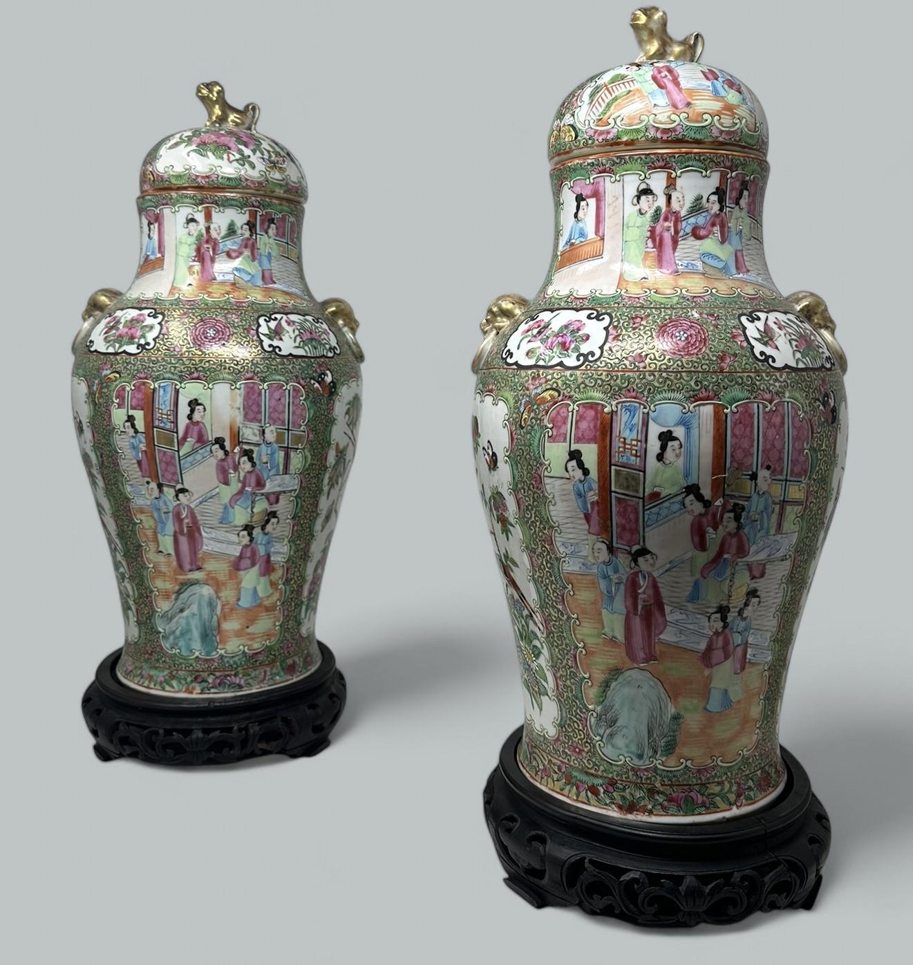 Antique Pair of Famille Rose Medallion Canton Cantonese Chinese Fo Dog Vases Urns (1 of 12)