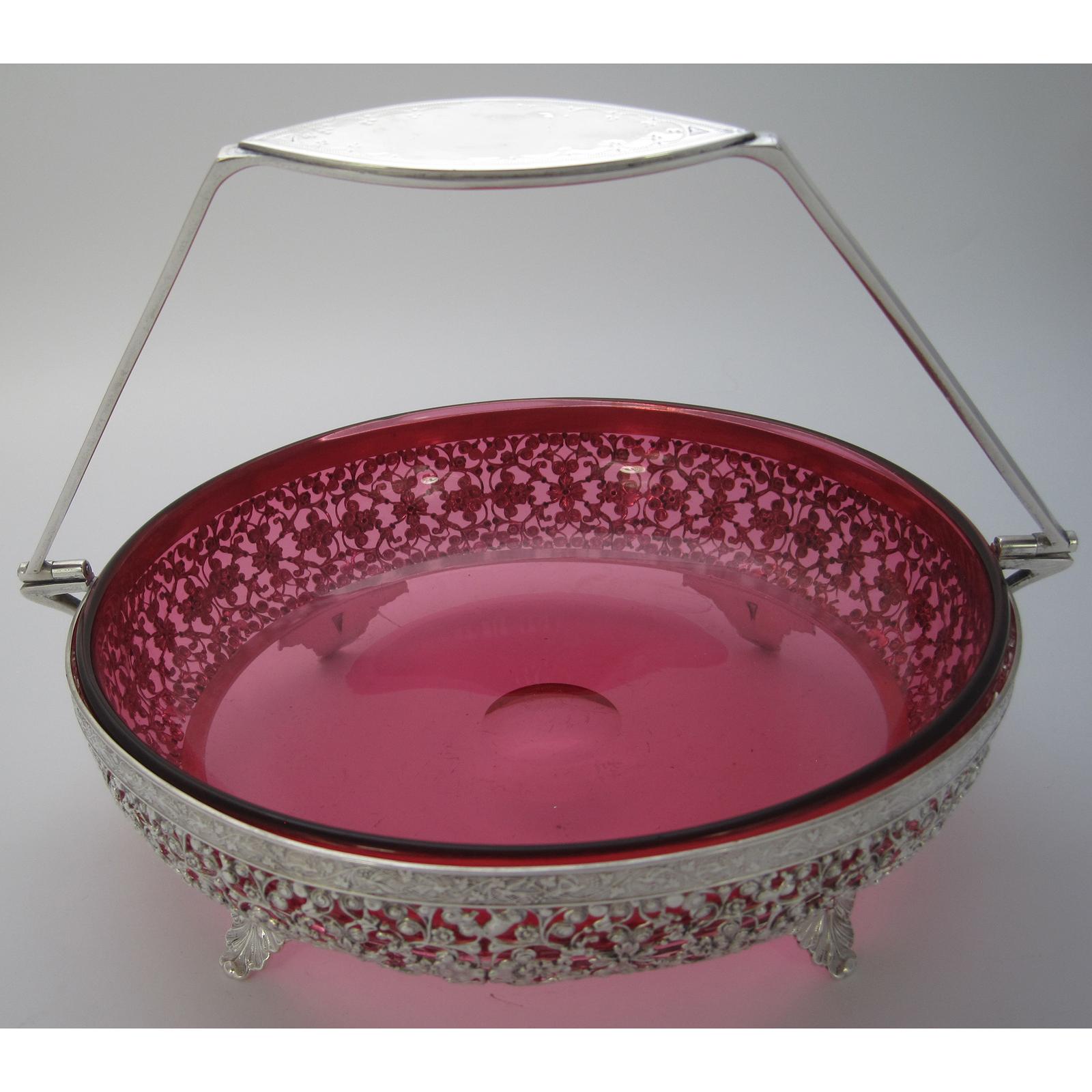 Decorative Victorian Silver Plated Basket with Red Cranberry Glass Liner (1 of 6)