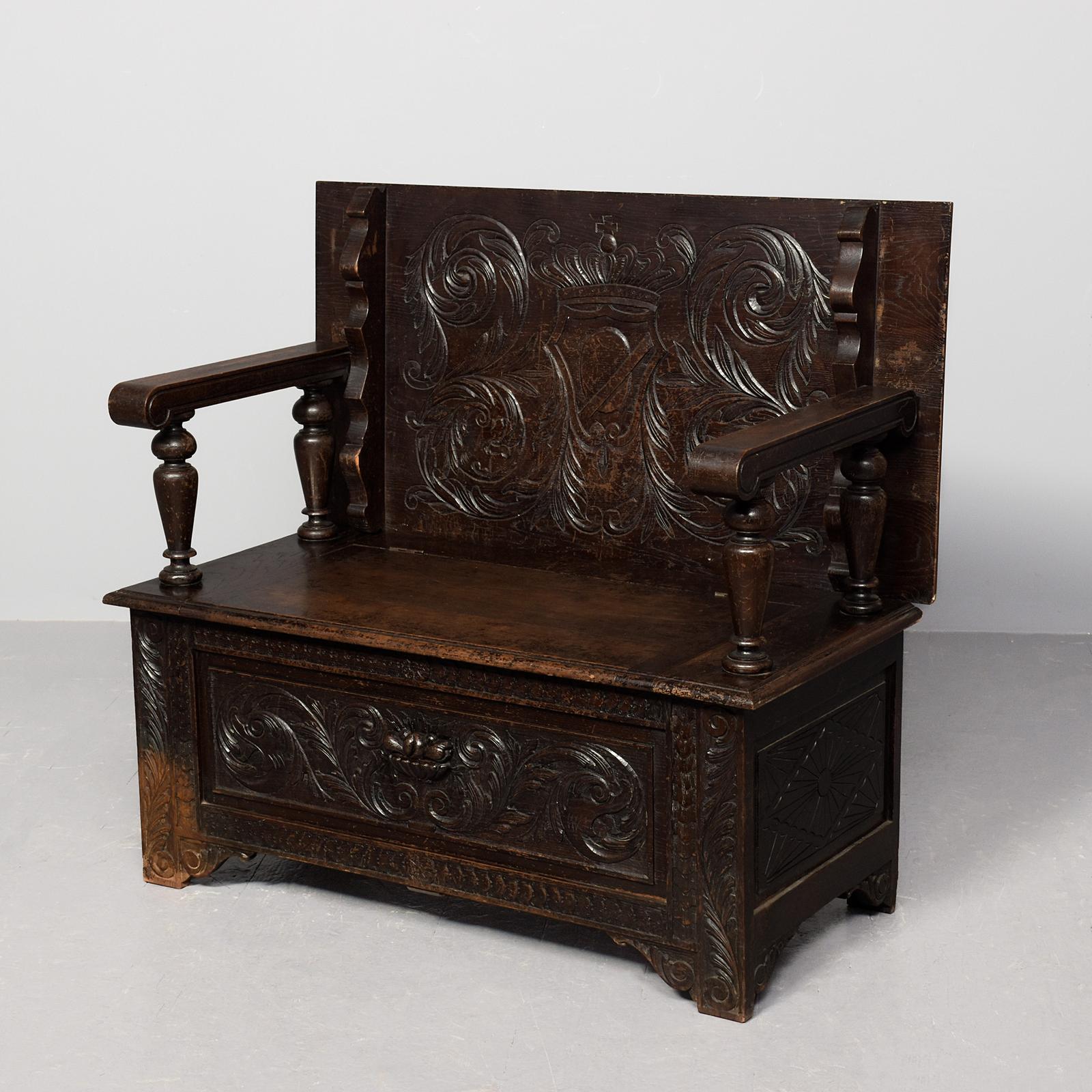 Carved Oak Jacobean-style Monks' Bench/ Hall Bench (1 of 9) Carved Oak Jacobean-style Monks' Bench/ Hall Bench (1 of 9)