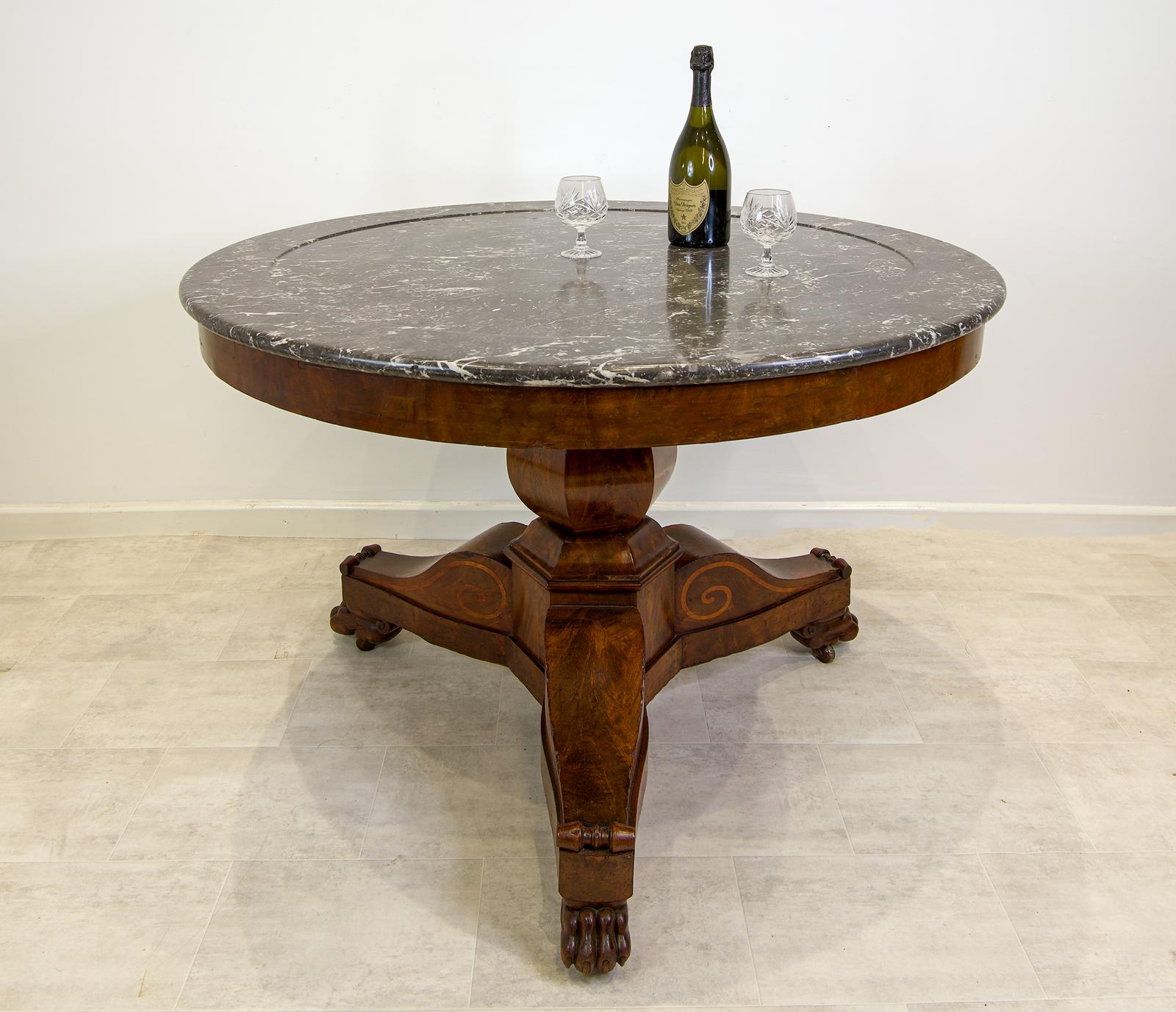 Large Antique French Gueridon Centre Table – Mahogany with Inlay & Marble Top c.1880 (1 of 4) Large Antique French Gueridon Centre Table – Mahogany with Inlay & Marble Top c.1880 (1 of 4)