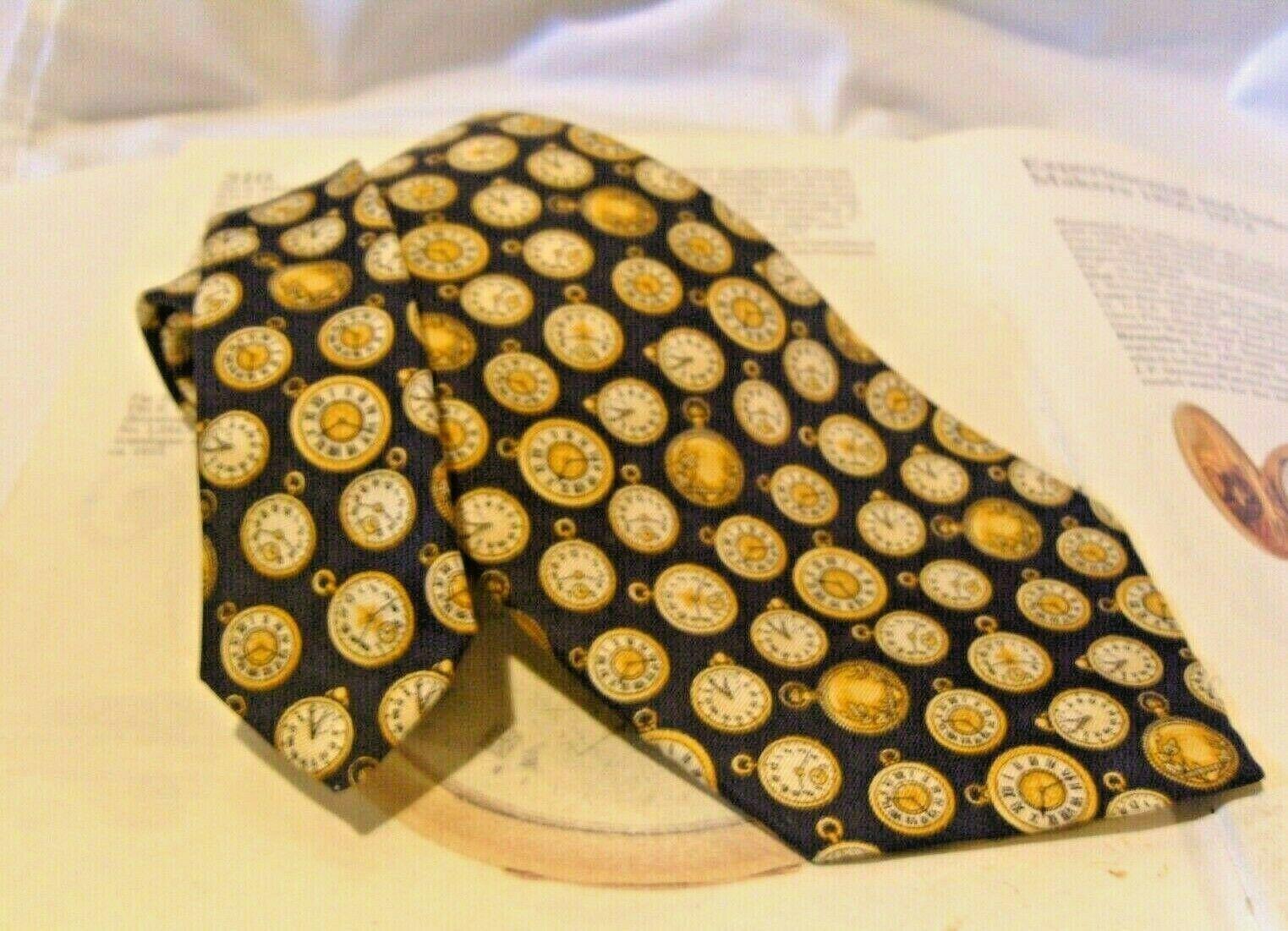 Vintage Pocket Watch Silk Tie 1970s St Michael Marks & Spencer Navy Blue Tie (1 of 8)