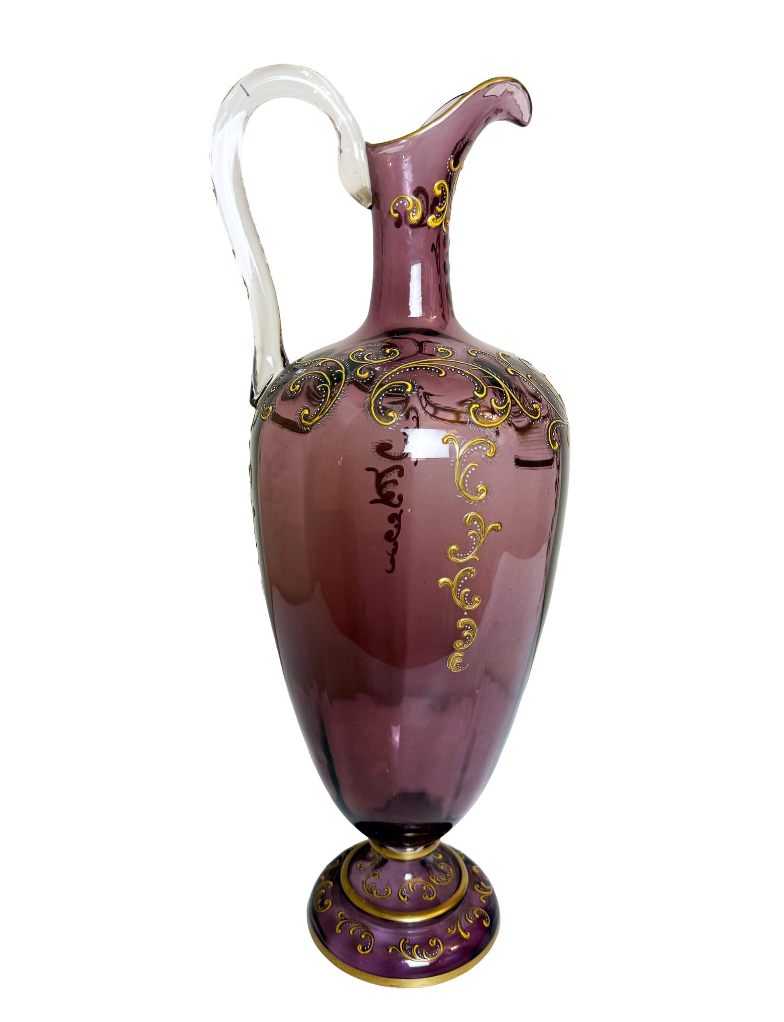 19th Century Violet Blown Glass Pitcher with Hand Painted Gilt Applique (1 of 8) 19th Century Violet Blown Glass Pitcher with Hand Painted Gilt Applique (1 of 8)