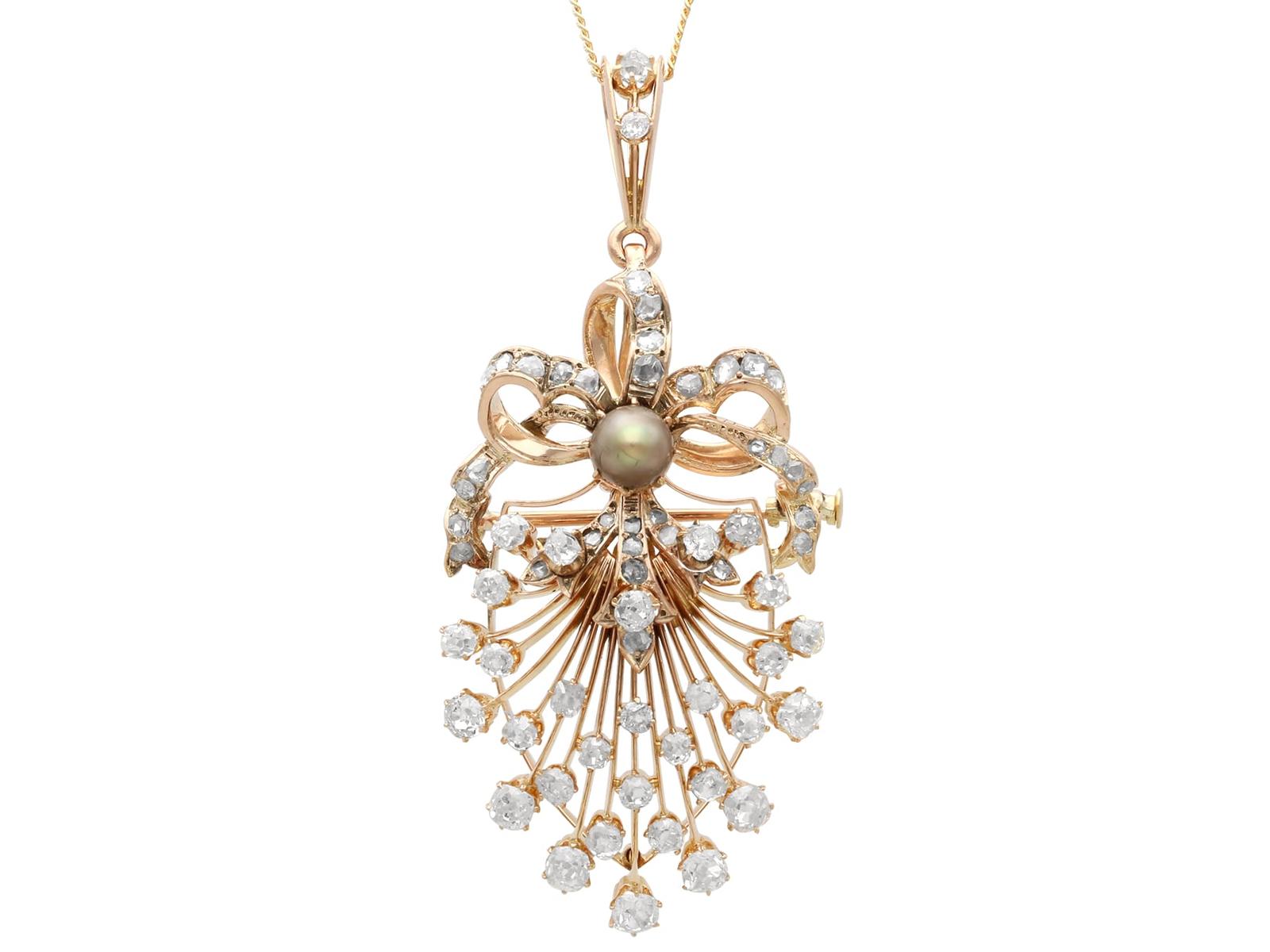 Antique Natural Pearl and 4.84ct Diamond, 18k Yellow Gold Pendant / Brooch Circa 1880 (1 of 15)