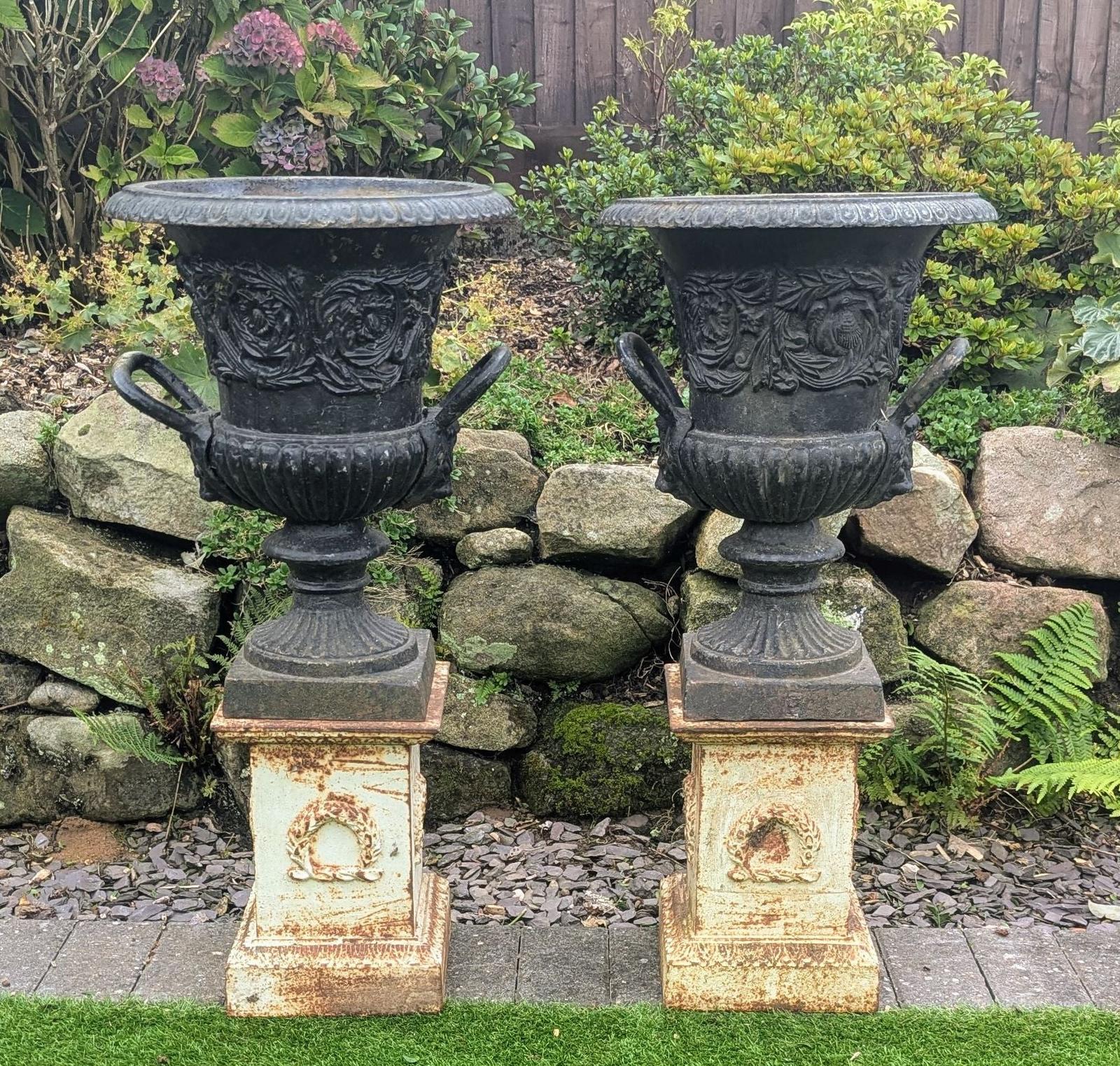 Pair Antique 19th Century Cast Iron Urns Lion Mask Handles (1 of 4)