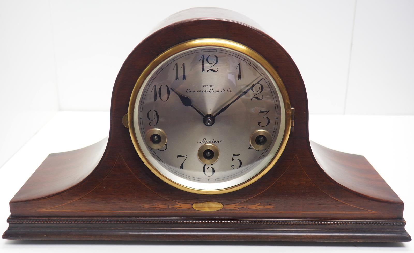 Mahogany Hat Shaped English Westminster 8-day Mantel Clock with Silver Dial (1 of 12) Mahogany Hat Shaped English Westminster 8-day Mantel Clock with Silver Dial (1 of 12)