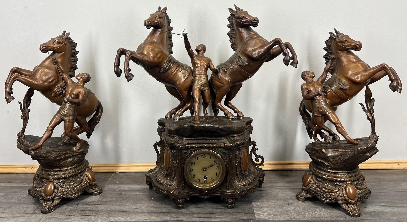 Clock Vintage French Metal Figural Mantel Set with Horses & Chariot (1 of 15)