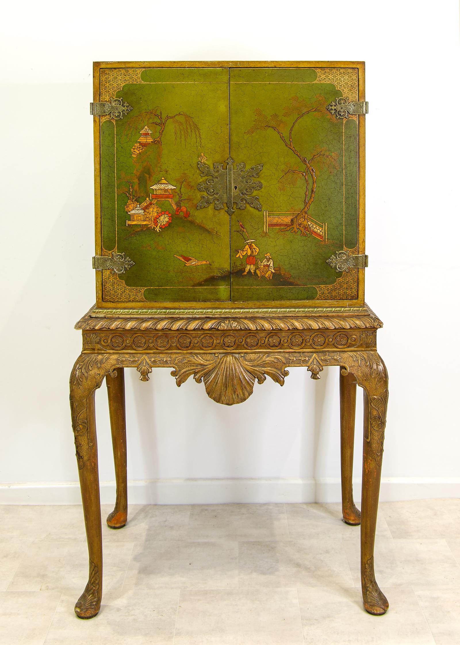 Antique Chinoiserie Lacquered Cocktail Cabinet on Carved Stand c.1900 (1 of 5)