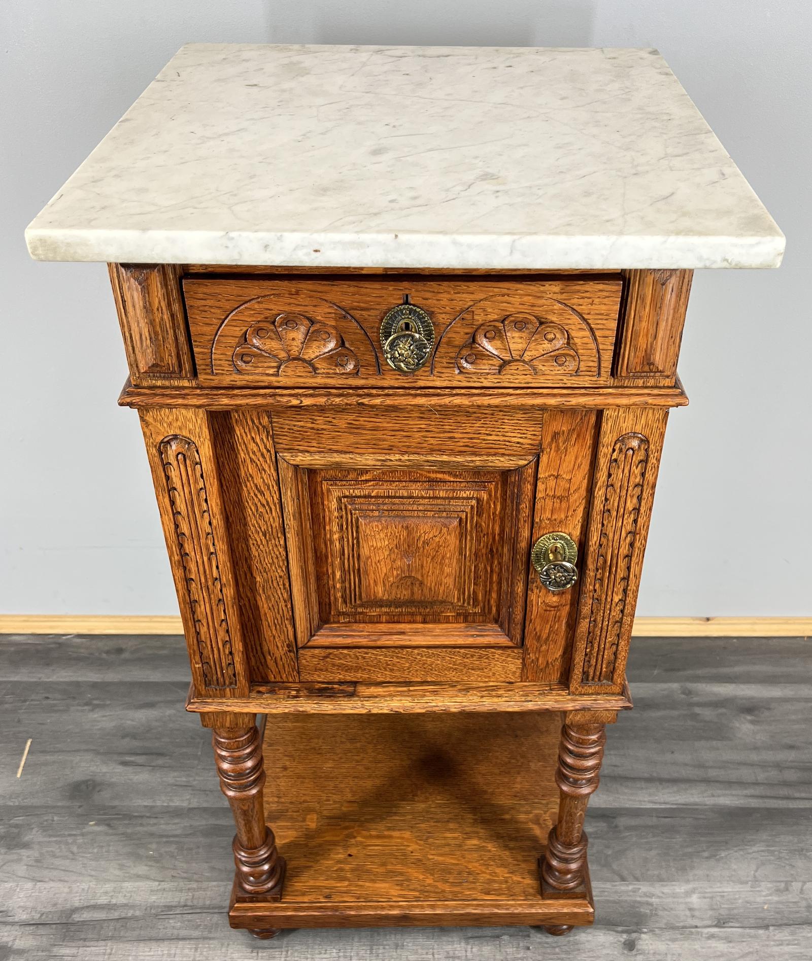 Bedside Table Antique French Oak Marble Top Carved Cabinet (1 of 11)
