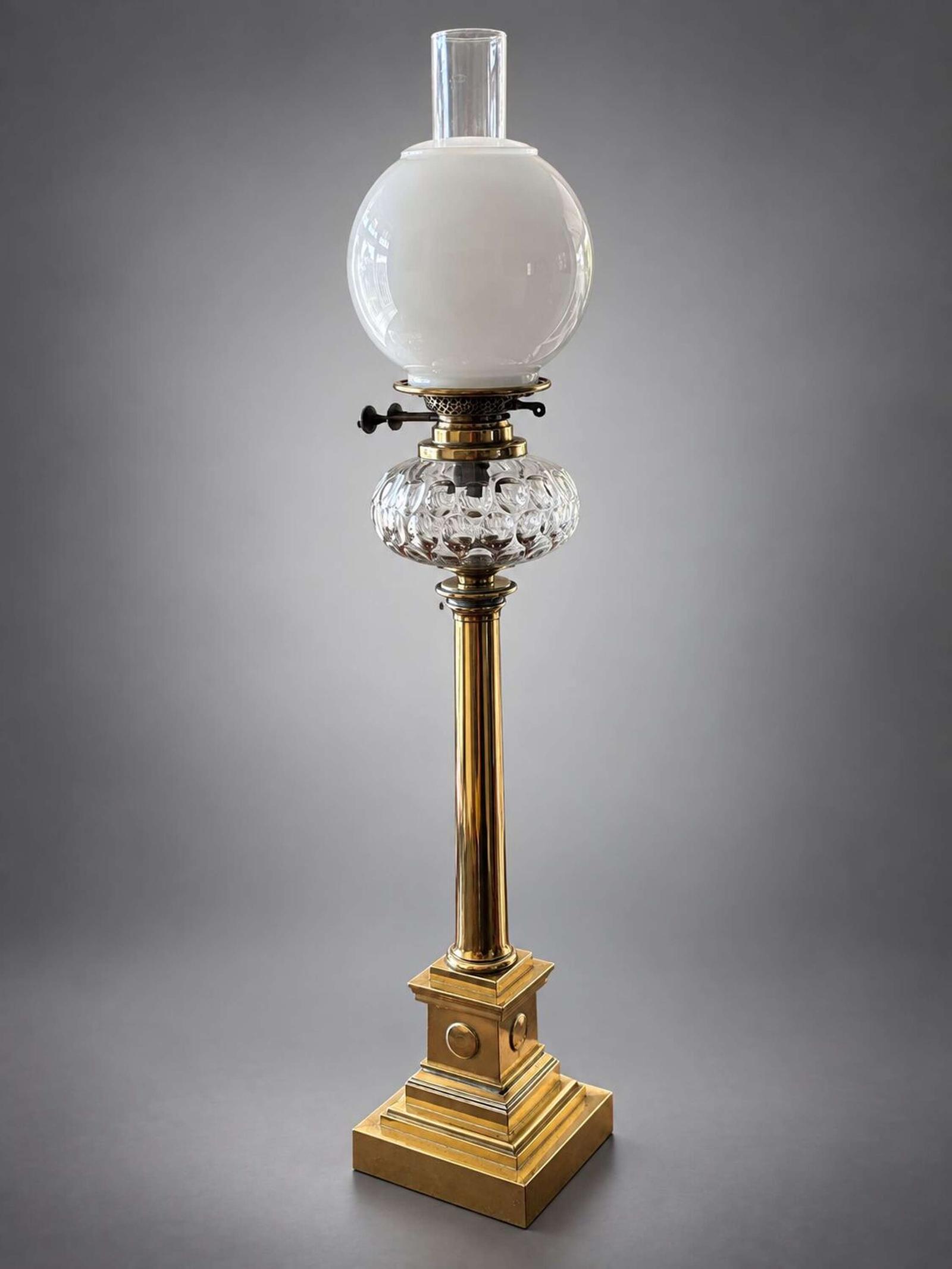 Antique Brass Oil Lamp on Column Stand (1 of 3) Antique Brass Oil Lamp on Column Stand (1 of 3)