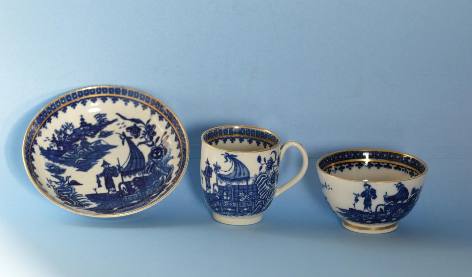 Caughley Porcelain Blue & White & Gilt Trio c.1790 (1 of 9)