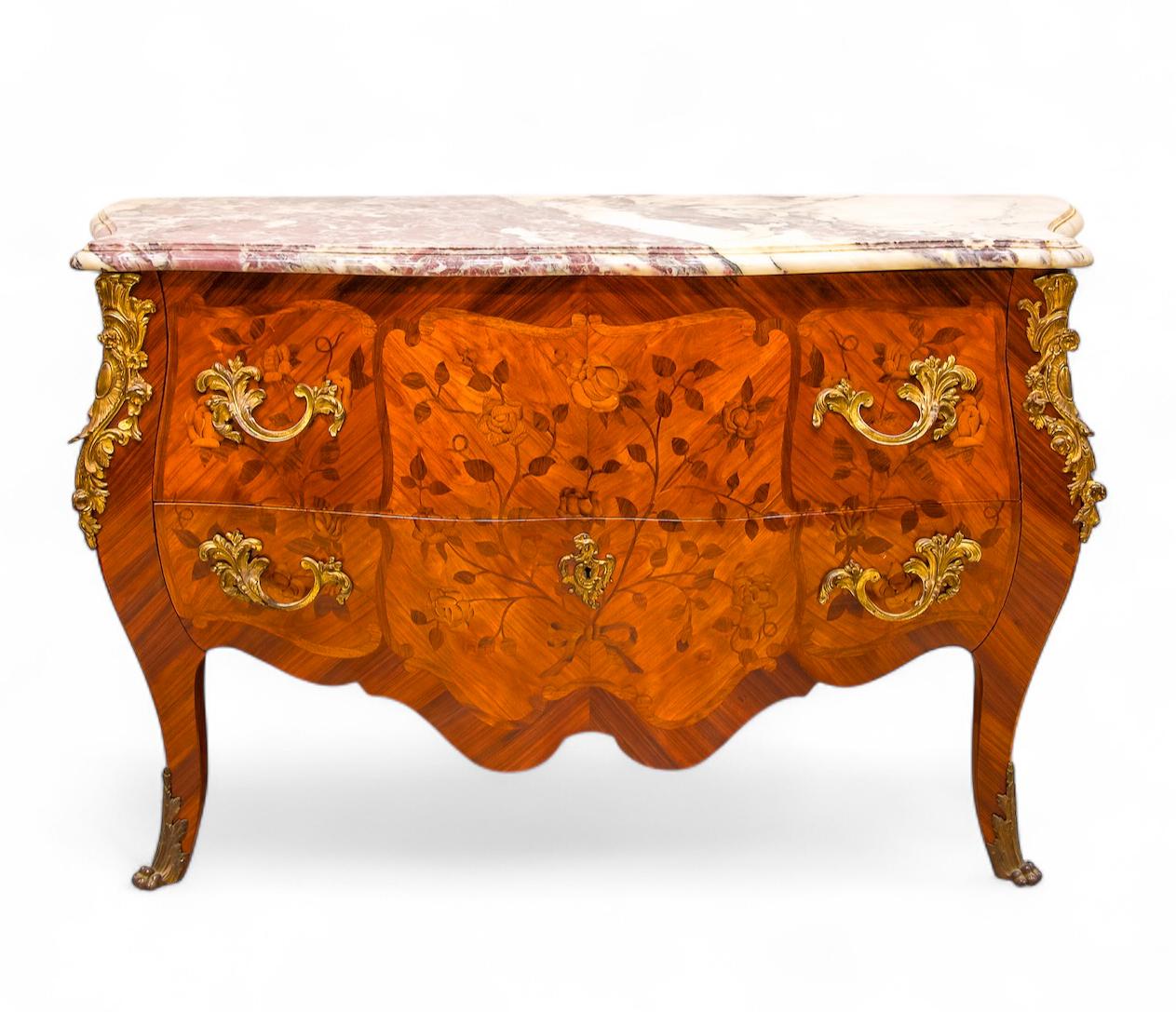 Antique French Marquetry Inlaid & Gilt Bronze Marble Top Commode Chest (1 of 7)